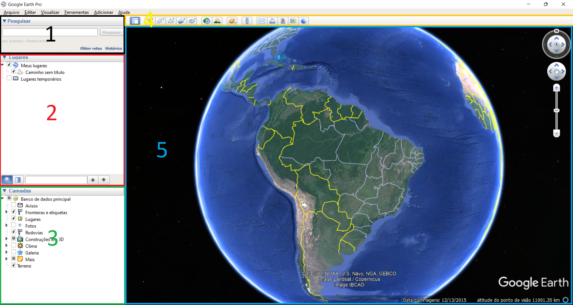 Organização da interface do Google Earth